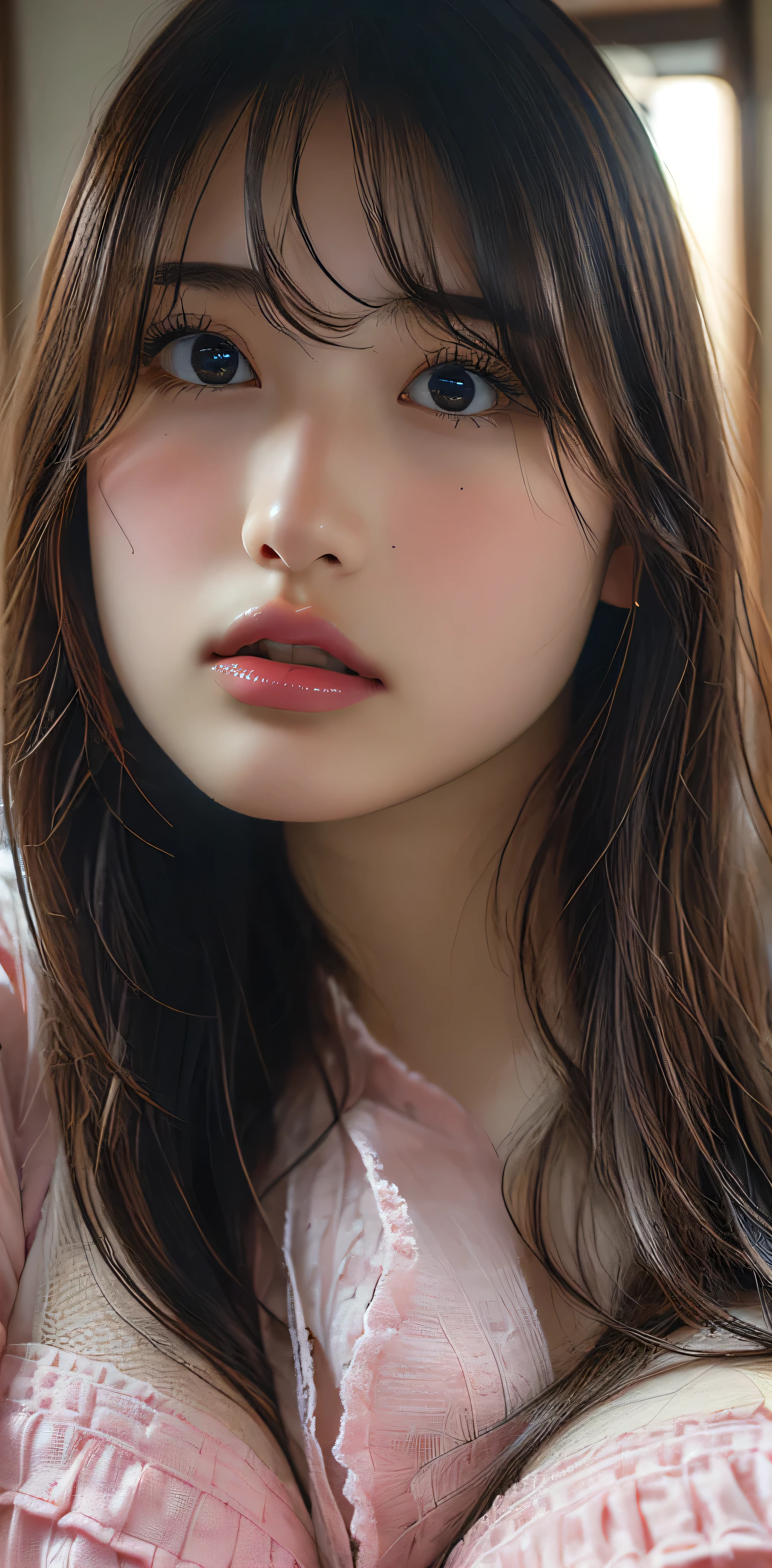 (((Very huge  bigger than a face:1.35)))、((Pink underwear))、Raise your arms、Spread your legs、Lie、Sleep on your back、((High resolution)), Superior Quality, Very detailed, Realistic, ((8k)), RAW Photos, Highest quality, masterpiece, attractive, wonderful, Black Hair, Shoulder-length layers, Mesh Hair, Japanese Idols, Sophisticated, stylish, 