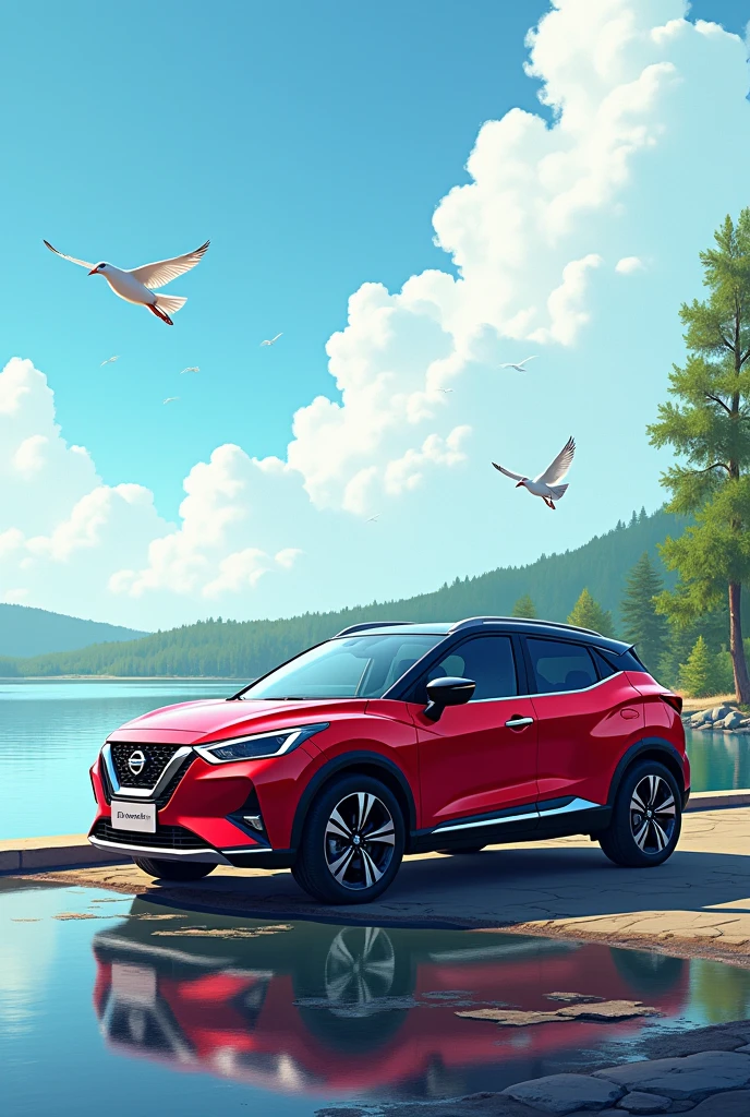 a simple drawing of red Nissan Magnite car parked near a lake, birds flying in 
the sky 