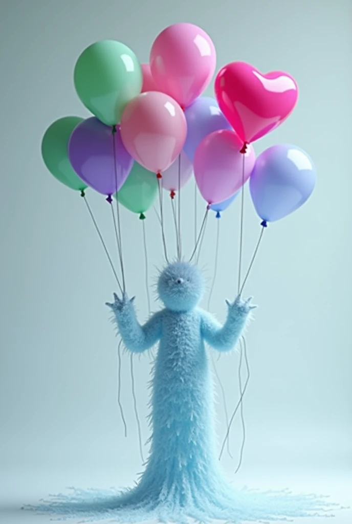 Frozen from the front, holding balloons in green colors, pink and purple, and a pink heart balloon