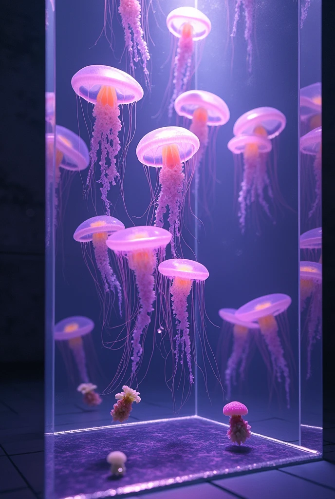 Absurd, High resolution, Super detailed, beautiful, masterpiece, Highest quality、水面に光がreflectionしている、reflection、Realな質感、Realistic、Real、Realistic、Blur、A lot of jellyfish、In the water、blister、Purple light、Aquarium、Inside the house、illumination、