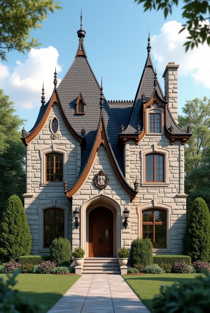 (photorealism:1.2), Wayne Manor style intricate house but affordable to Todays market. Include a family crest. Not very pointy with rectangular symmetrical towers. Stone color.