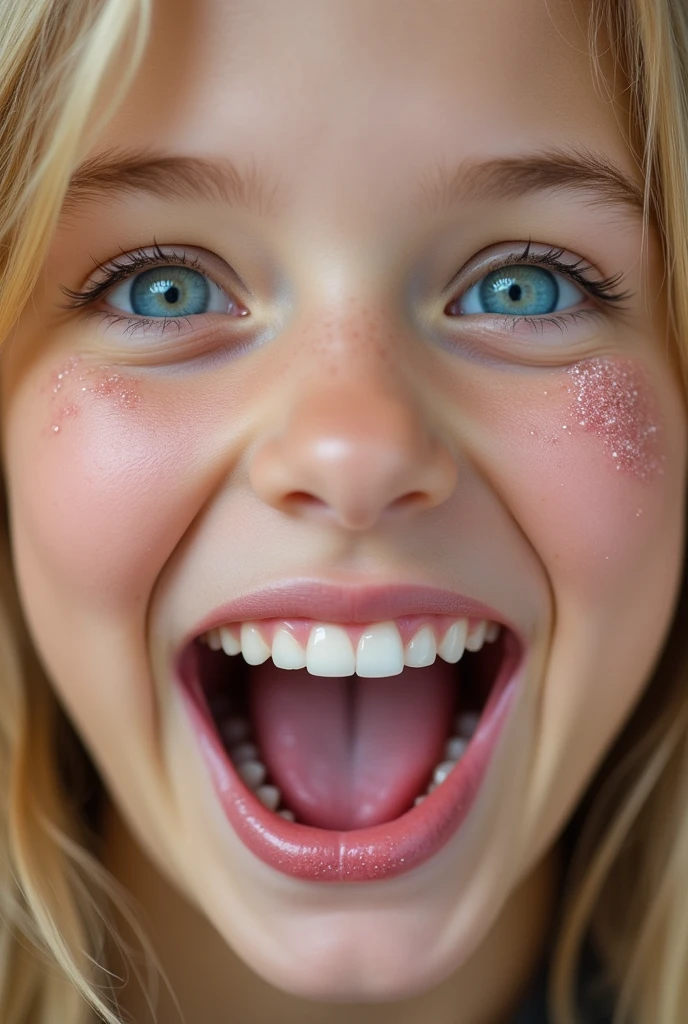 Extreme closeup of female prepubescent face, blonde hair, blue eyes, glittery lipgloss, mouth very wide open and happy