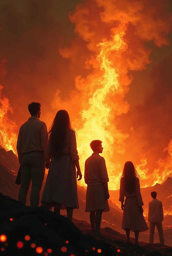 HD wallpaper of several people looking up in a hell full of fire side view