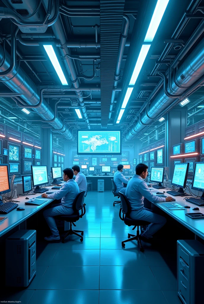Computer lab, advanced technology, futuristic feeling, blue,