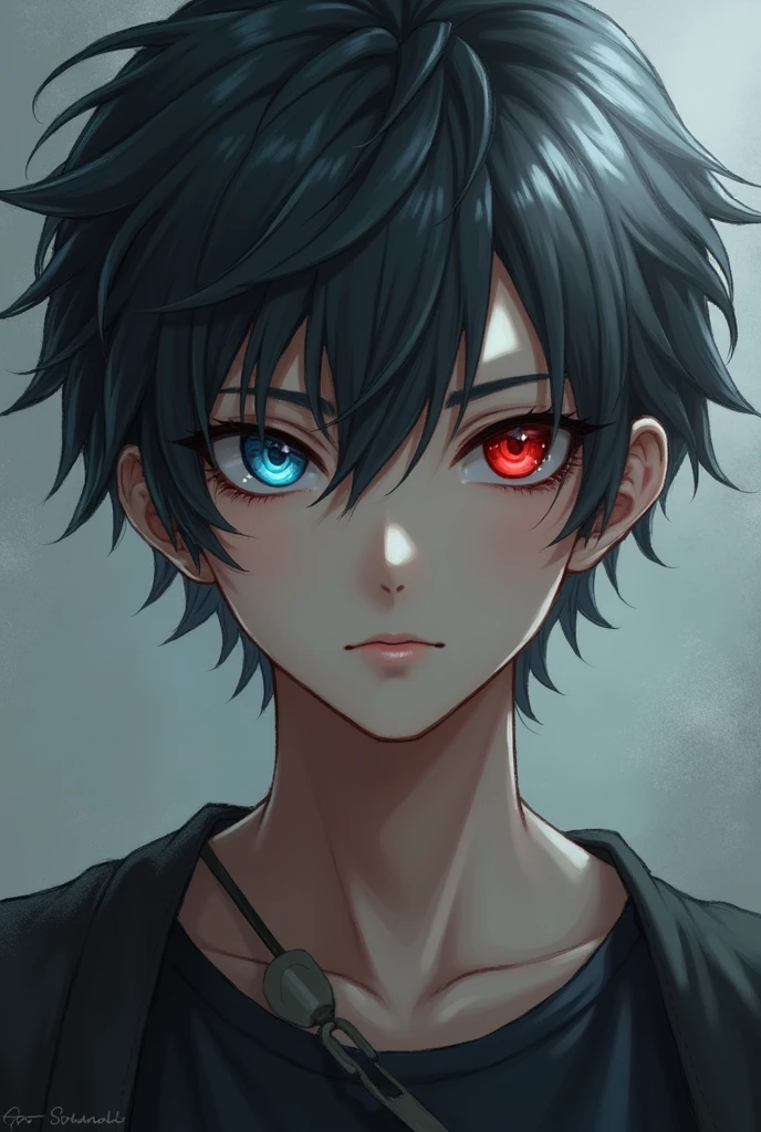 Boy with dark grey hair, left eye blue and right eye red. He is 18 years and is supposed to appear calm but firm