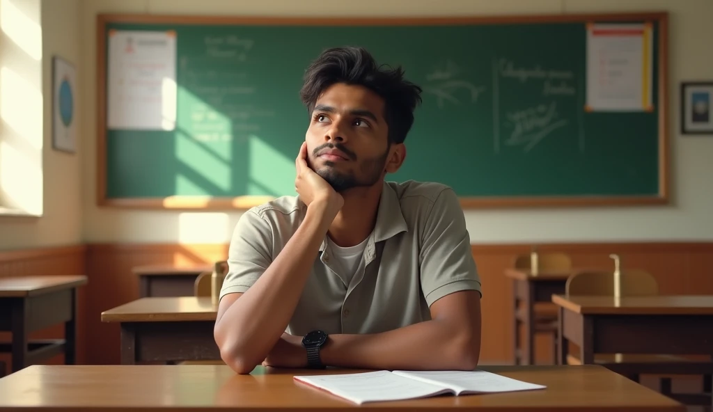 "A realistic scene of a 1 Indian male student sitting in a classroom. He is resting his cheek on his hand while looking upward, appearing deep in thought. The classroom features typical Indian decor, including wooden desks, a chalkboard, and educational posters on the walls. The student is dressed in casual attire, and the room is naturally lit by sunlight streaming through the windows. The environment captures the essence of a typical academic setting in India."
Student dress
