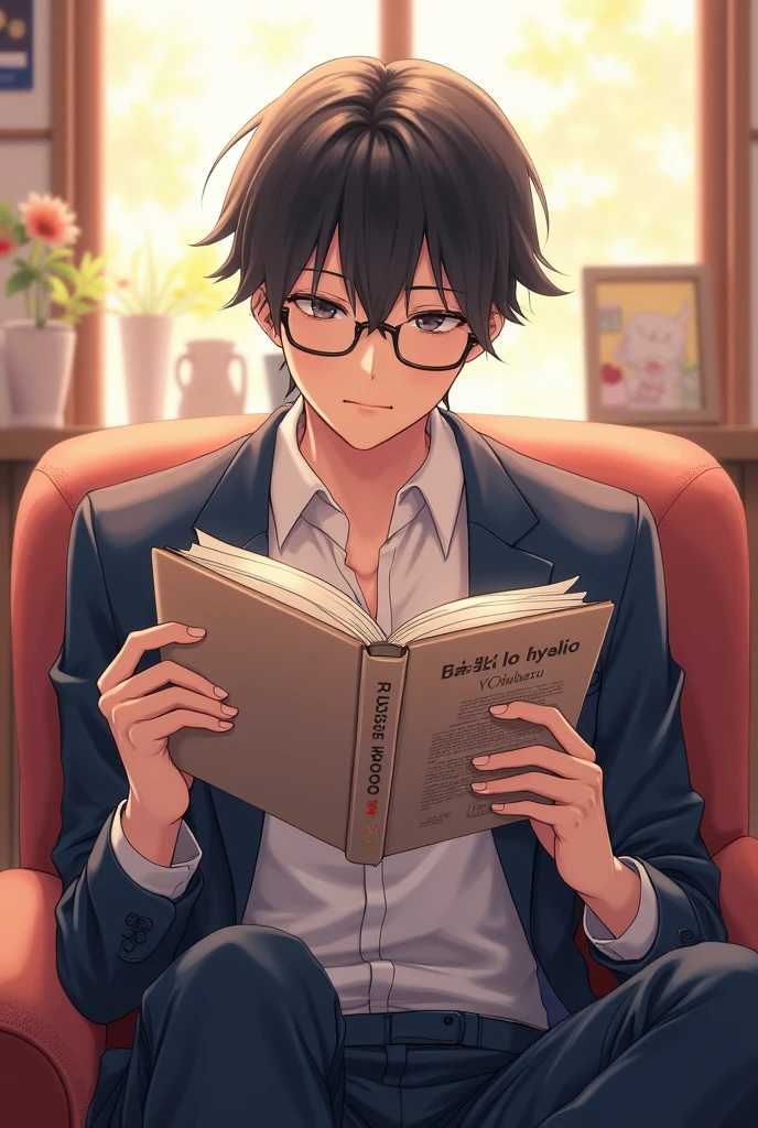 miyano yoshikazu in japan anime uniform reading a bl yaoi manga by sasaki to miyano