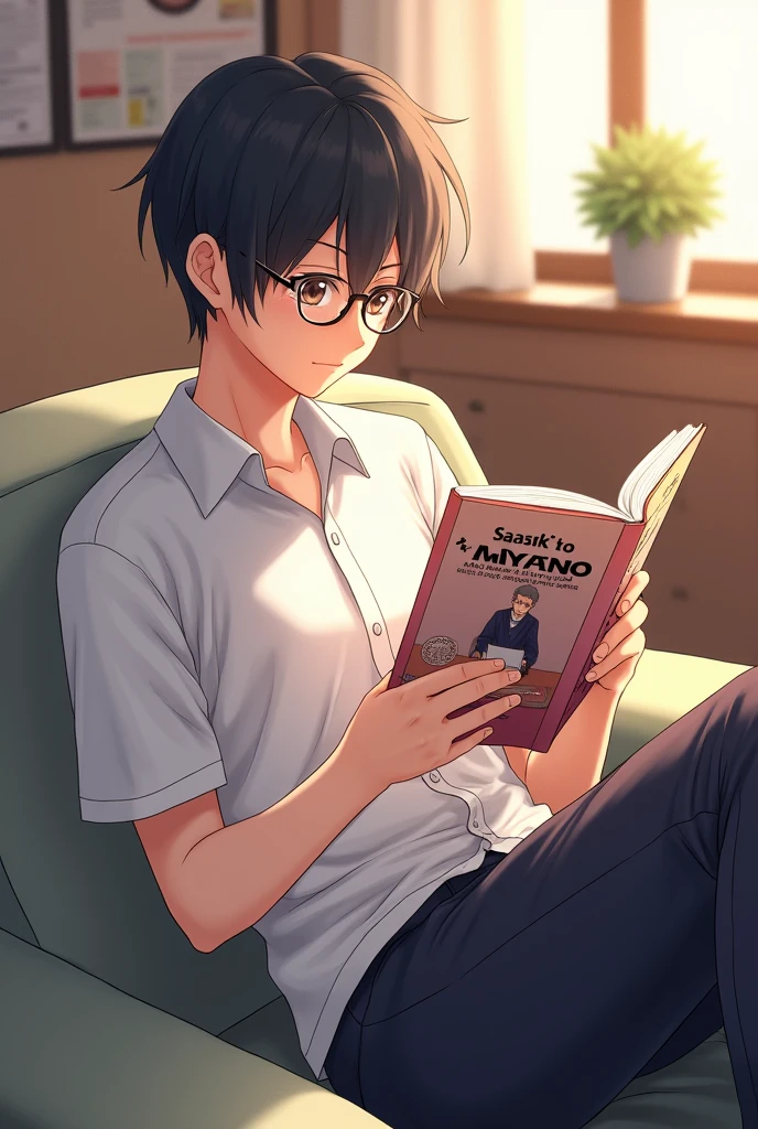 miyano yoshikazu in japan anime uniform reading a bl yaoi manga by sasaki to miyano