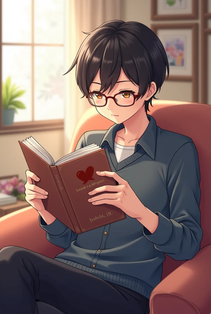 miyano yoshikazu in japan anime uniform reading a bl yaoi manga by sasaki to miyano
