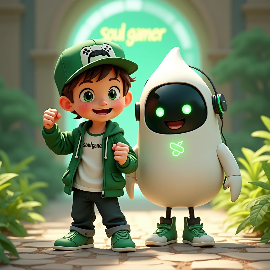 Create two characters that interact with each other. The two characters are friends through many adventures.
Character 1: Boy approximately 1 . He is tall. His facial expression is friendly and smiling., with big green eyes that convey a sense of curiosity and joy. your hair is short, brown in color and slightly disheveled, visible under the CAP. His cap is green and has a Playstation 5 controller printed on the front.. He wears a white T-shirt under a hooded jacket and matching cap.. The jacket has the word "Soulgamer" written visibly at chest height. He wears loose black pants that fit comfortably over green sneakers that match his jacket and cap., with white shoelaces tied tightly. Character 1 is standing with the fist of one of his hands clenched while the fist of his other hand is raised as if he is celebrating..
Character 2: Medium-sized robot mascot with ghost-like appearance. Resembling a drop. On his hands he has five well-defined fingers. His facial expression has large, green eyes with a glow, conveying a friendly and cheerful expression. He has a small open mouth with a happy smile and flushed cheeks.. Its body is white with small green details and a smooth, slightly shiny texture.. He has a headset on his head with an adjustable microphone positioned close to his mouth.. And on his chest you can see the illuminated shape of a Playstation 5 controller in fluorescent green.. It floats in the air, as if he were ready for an adventure.
The scene consists of a stone road with plants on the side and behind the characters you can see a portal where the word is written "Soul Gamer"