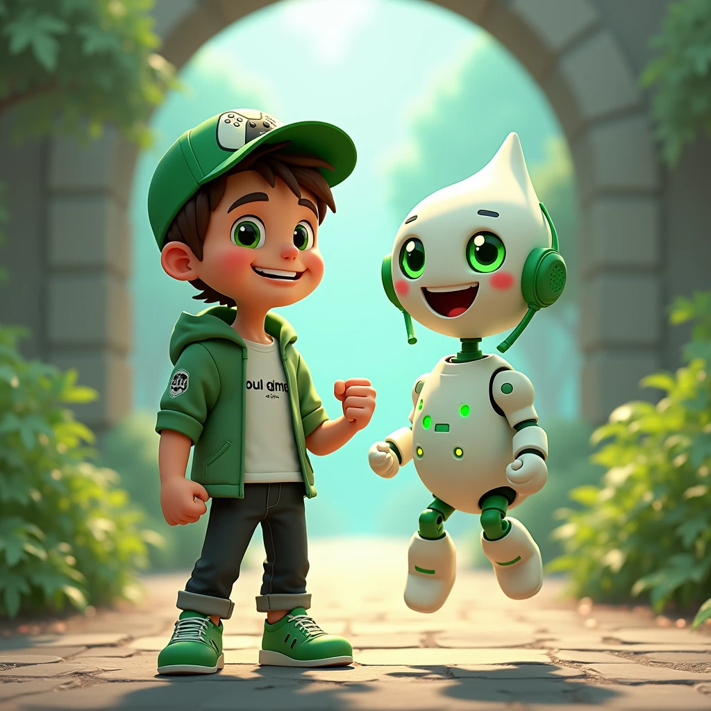 Create two characters that interact with each other. The two characters are friends through many adventures. 
Character 1: Boy approximately 1 . He is tall. His facial expression is friendly and smiling., with big green eyes that convey a sense of curiosity and joy. your hair is short, brown in color and slightly disheveled, visible under the CAP. His cap is green and has a Playstation 5 controller printed on the front.. He wears a white T-shirt under a hooded jacket and matching cap.. The jacket has the word "Soulgamer" written visibly at chest height. He wears loose black pants that fit comfortably over green sneakers that match his jacket and cap., with white shoelaces tied tightly. Character 1 is standing with the fist of one of his hands clenched while the fist of his other hand is raised as if he is celebrating.. 
Character 2: Medium-sized robot mascot with ghost-like appearance. Resembling a drop. On his hands he has five well-defined fingers. His facial expression has large, green eyes with a glow, conveying a friendly and cheerful expression. He has a small open mouth with a happy smile and flushed cheeks.. Its body is white with small green details and a smooth, slightly shiny texture.. He has a headset on his head with an adjustable microphone positioned close to his mouth.. And on his chest you can see the illuminated shape of a Playstation 5 controller in fluorescent green.. It floats in the air, as if he were ready for an adventure. 
The scene consists of a stone road with plants on the side and behind the characters you can see a portal where the word is written "Soul Gamer"