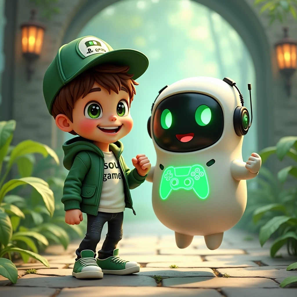 Create two characters that interact with each other. The two characters are friends through many adventures. 
Character 1: Boy approximately 1 . He is tall. His facial expression is friendly and smiling., with big green eyes that convey a sense of curiosity and joy. your hair is short, brown in color and slightly disheveled, visible under the CAP. His cap is green and has a Playstation 5 controller printed on the front.. He wears a white T-shirt under a hooded jacket and matching cap.. The jacket has the word "Soulgamer" written visibly at chest height. He wears loose black pants that fit comfortably over green sneakers that match his jacket and cap., with white shoelaces tied tightly. Character 1 is standing with the fist of one of his hands clenched while the fist of his other hand is raised as if he is celebrating.. 
Character 2: Medium-sized robot mascot with ghost-like appearance. Resembling a drop. On his hands he has five well-defined fingers. His facial expression has large, green eyes with a glow, conveying a friendly and cheerful expression. He has a small open mouth with a happy smile and flushed cheeks.. Its body is white with small green details and a smooth, slightly shiny texture.. He has a headset on his head with an adjustable microphone positioned close to his mouth.. And on his chest you can see the illuminated shape of a Playstation 5 controller in fluorescent green.. It floats in the air, as if he were ready for an adventure. 
The scene consists of a stone road with plants on the side and behind the characters you can see a portal where the word is written "Soul Gamer"