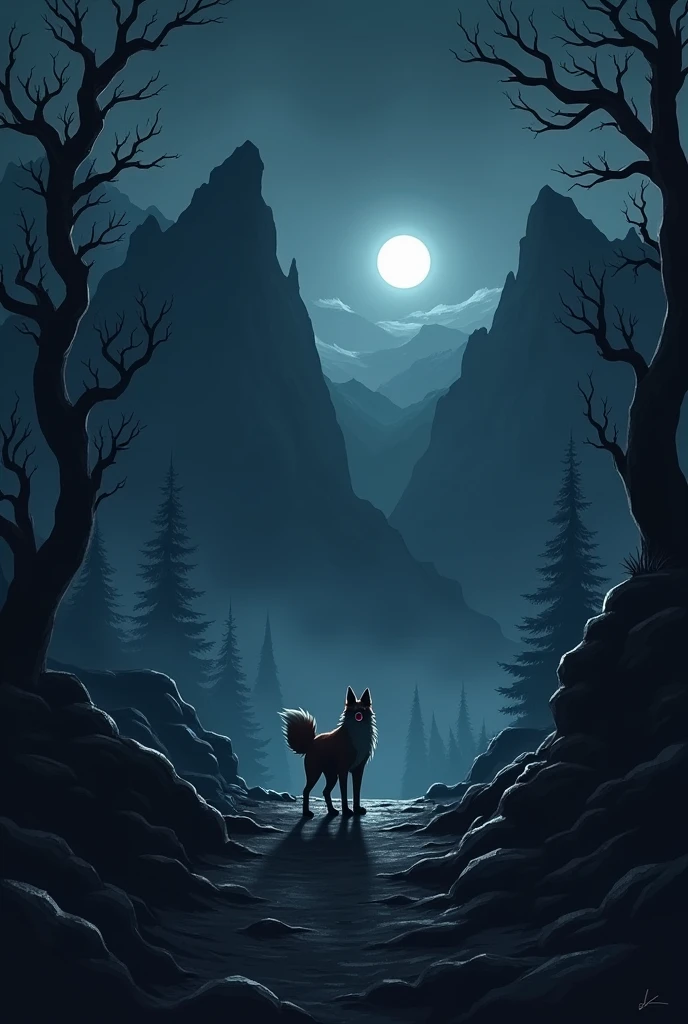 Black dark night a very scared fox arround the mountain