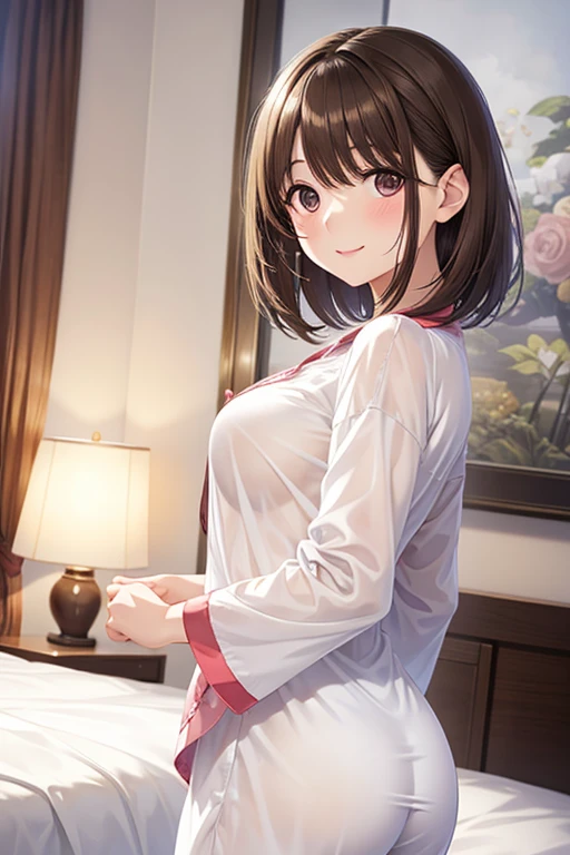 anegasaki nene、Shiny brown hair, short hair, (Beautiful brown eyes、Sparkling eyes, Fine grain)、smile、Ultra-detailed eyes、Highly detailed face, Highly detailed eyes,Cowboy Shot、



1 female,  Large Breasts, Perfect body, White satin pajamas with a love pattern showing her nipples, Are standing, From behind, blush, smile, In the bedroom, Listen to me, , Transparent pajamas, Front view, , 

Cute girl anime visuals, Beautiful anime girls, Smooth anime CG art, 
 Official artwork, attractive Anime , 