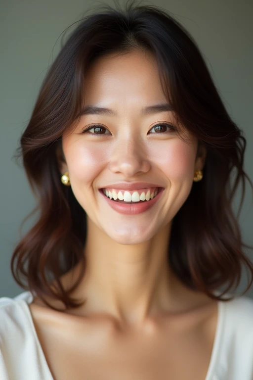 Japanese,Textured skin, Brown medium hair,chest, Earrings, Simple Background, Portrait Photography, 40-year-old woman,Beauty,Glamour,Gaze, Smiling with teeth showing, 