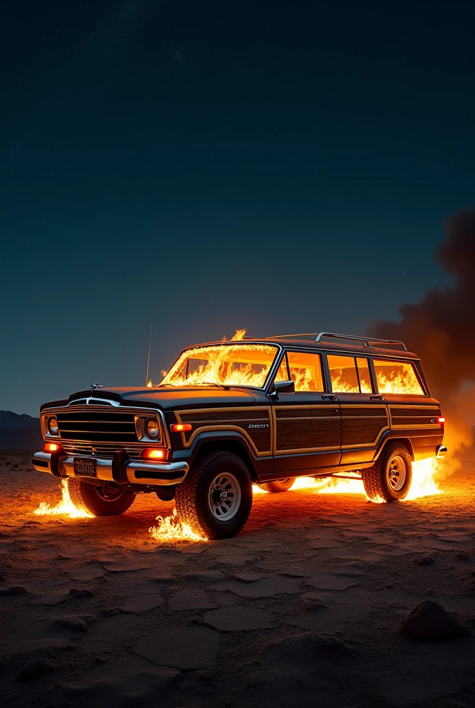 make a wallpaper for my s23 fe i want a 1991 jeep wagoneer with wooden side panels on fire on a cracked road with spaxe above