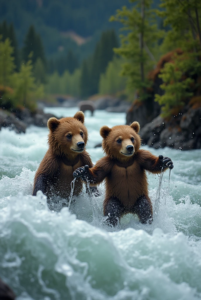 Movie Scenes、Brown bear cubs being swept away by the rapids of the river、Mother bear can only watch