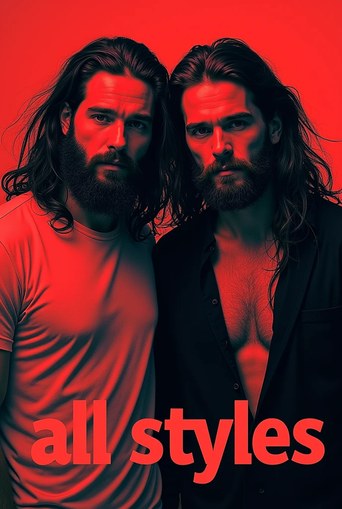 I want a 2 man, with long hair and beard,
t-shirt,open blouse,pants,tennis, and underneath it written all styles with the colors red and black