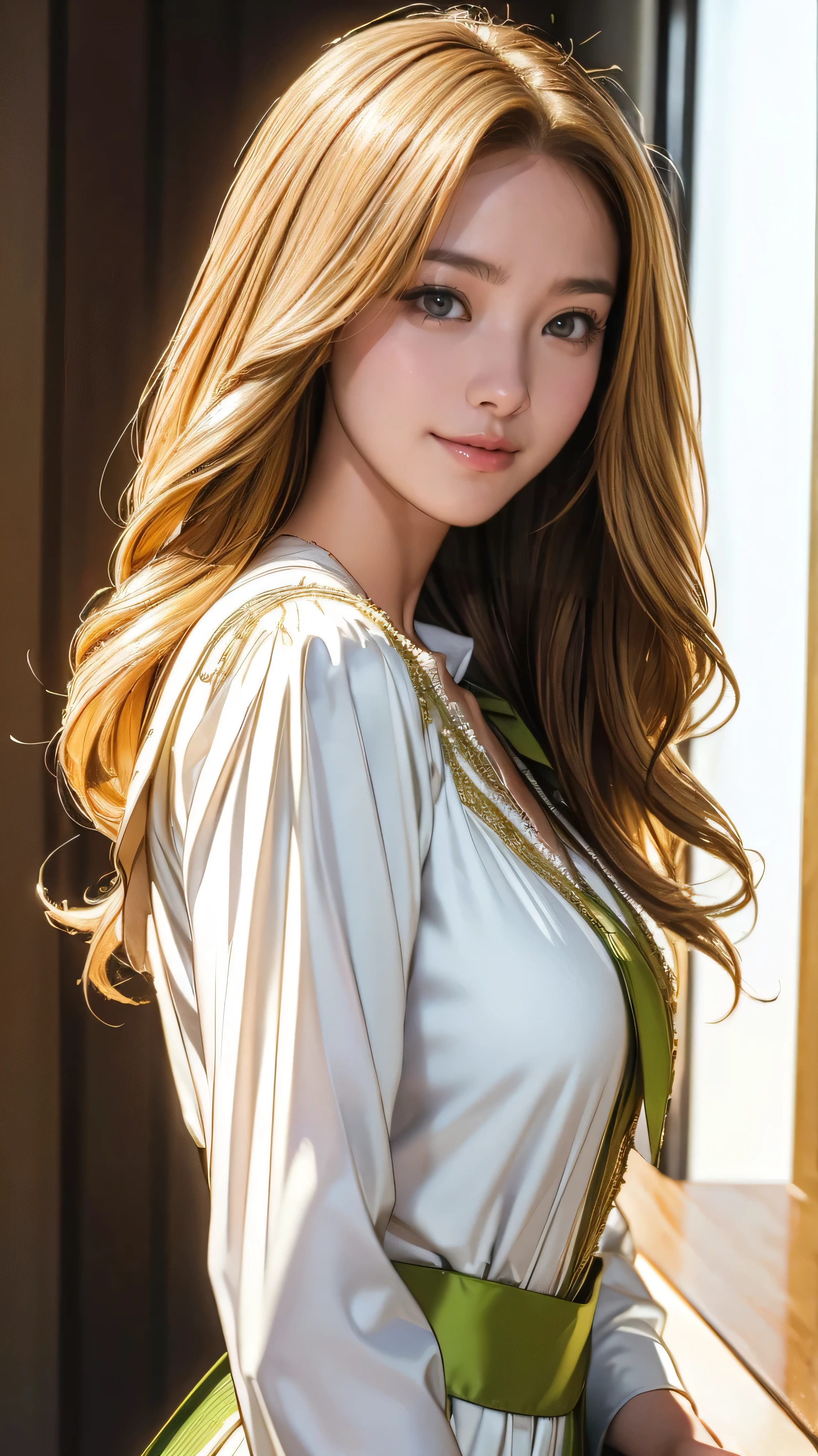 (Very detailed, Realistic, Highest quality, 4K, 8k, High resolution, masterpiece:1.3), An attractive flight attendant with a graceful and elegant figure. Erin Anderson is tall and slender, long, Long, wavy, golden blonde hair styled in loose curls. Long hair that reaches down to the buttocks.She has attractive, friendly, bright green eyes.(Long hair that reaches down to the buttocks:1.5)((とてもlong髪))((Smile、Embarrassed smile)) ((Lush bust、White and beautiful blouse、with slit,:1.3)),