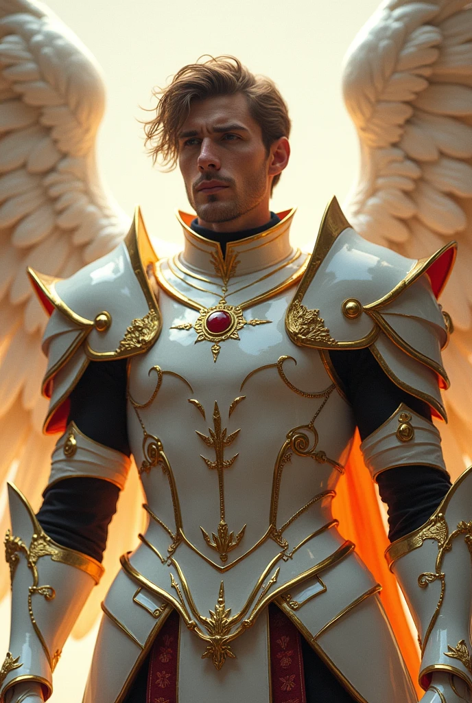
Ornate White Gold Shining Armor, with angel feathers, gold and red details.


