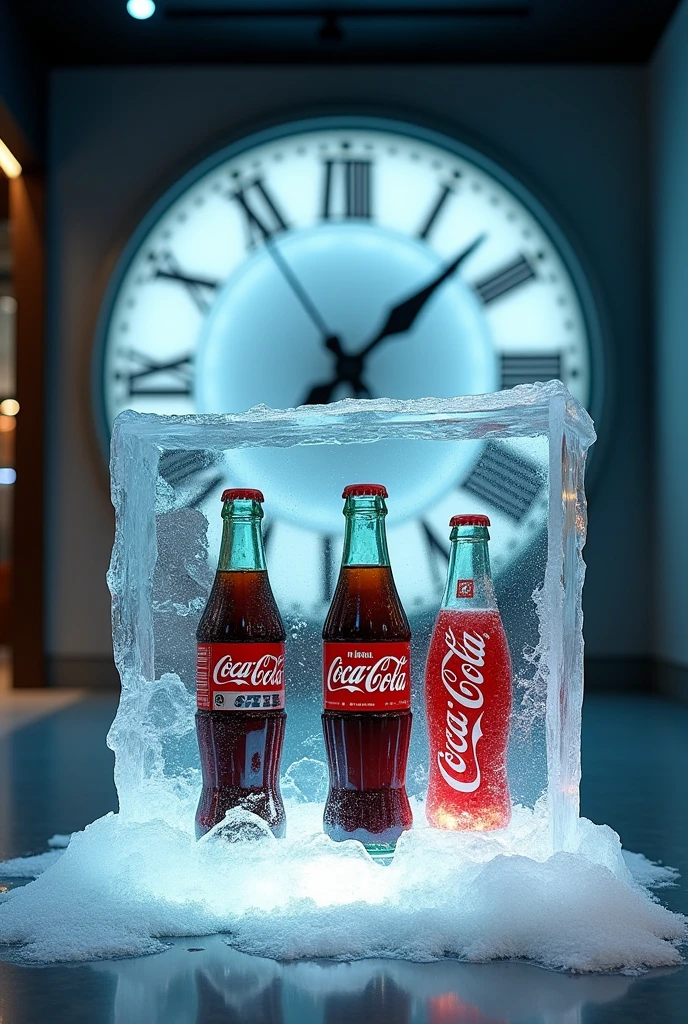 display case with several Coca Cola bottles on tables, with old and new packaging all inside frozen cubes, and in the background a giant clock