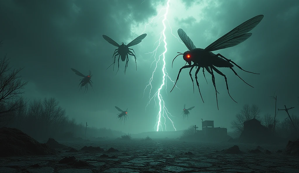 A haunting and intense scene where supernatural locusts are depicted emerging from a rift in the sky, descending upon a once-thriving but now desolate and barren landscape. The ground below is cracked and scorched, with remnants of ruined structures and lifeless trees. The locusts, with their dark, ominous forms and glowing eyes, cast a menacing shadow over the land. The sky is turbulent and dark, filled with swirling clouds and lightning. The scene should evoke a profound sense of dread and highlight the fragility of human existence when confronted by overwhelming and chaotic forces. The overall atmosphere should convey both the terror and the stark reminder of moral and existential vulnerability.






