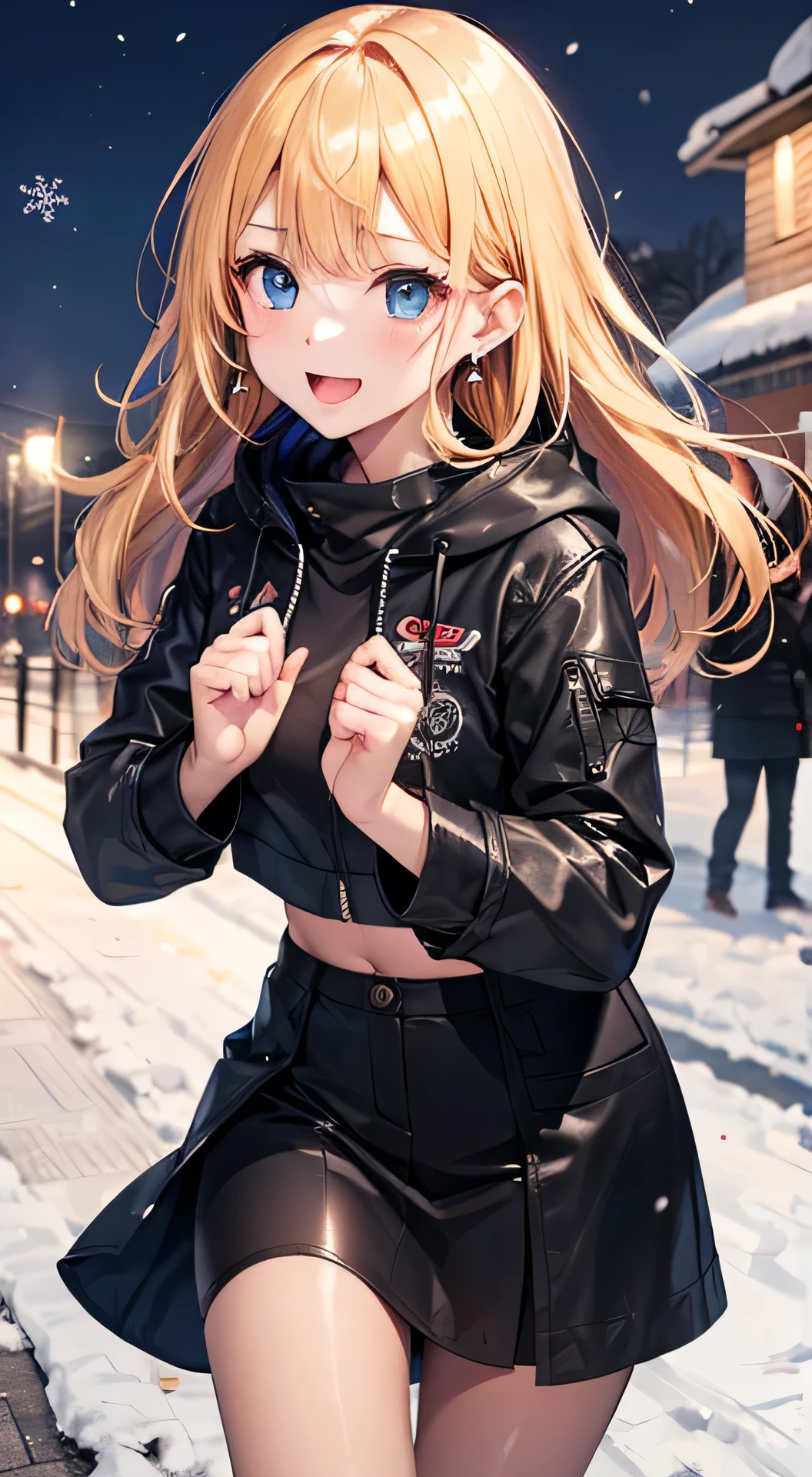top quality、Top image quality、masterpiece、Girl((Black leather sports bra、Black coat、Black leather skirt、Sixteen years old、Girl、cute little guy、best bust、big guy、beautiful light blue eyes、Breasts open、Blonde、slim、Oyama Valley、bellicose actions、bellicose face、Get a pistol、dye cheeks red、fighting stance、laughing out loud、sapphire earrings))、high quality、Meitu、background with(universe、snowflakes falling、Heavy snow fell、Station platform)))、Masutepiece、Depth of Field、8k