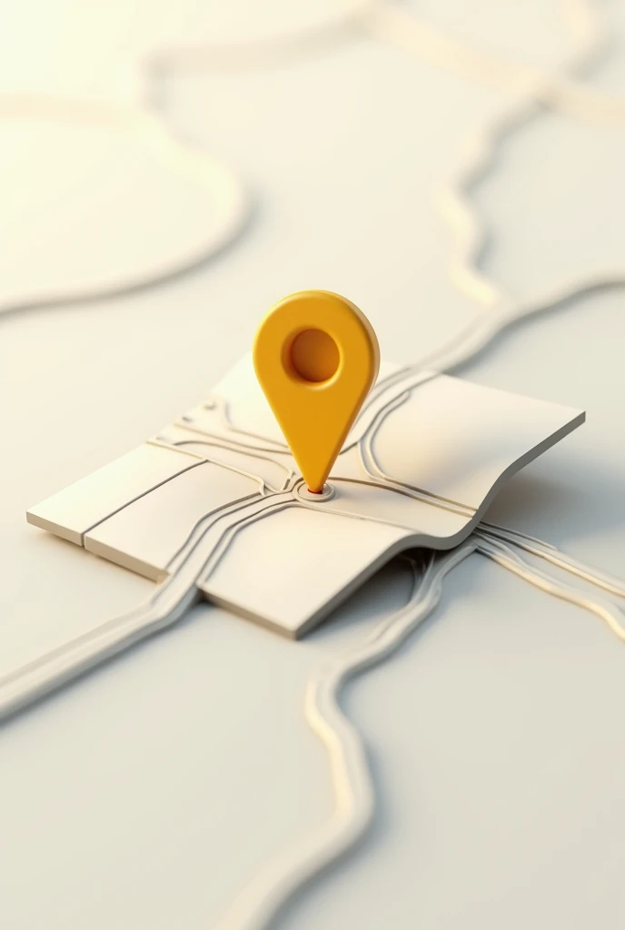 Create a mini 3D map with roads with a yellow tracking pin on a neutral background