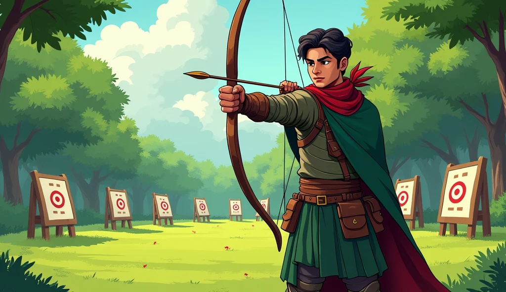 Arav training with new resolve: Comic style. Arav, the young adult warrior, trains with his bow and arrow in a lush, green training ground within the kingdom. The background shows a well-maintained training area with targets set up and trees lining the edges. His face is focused but calm, reflecting his newfound wisdom. The red scarf is tied firmly around his neck, and his green cloak is neatly draped over his armor