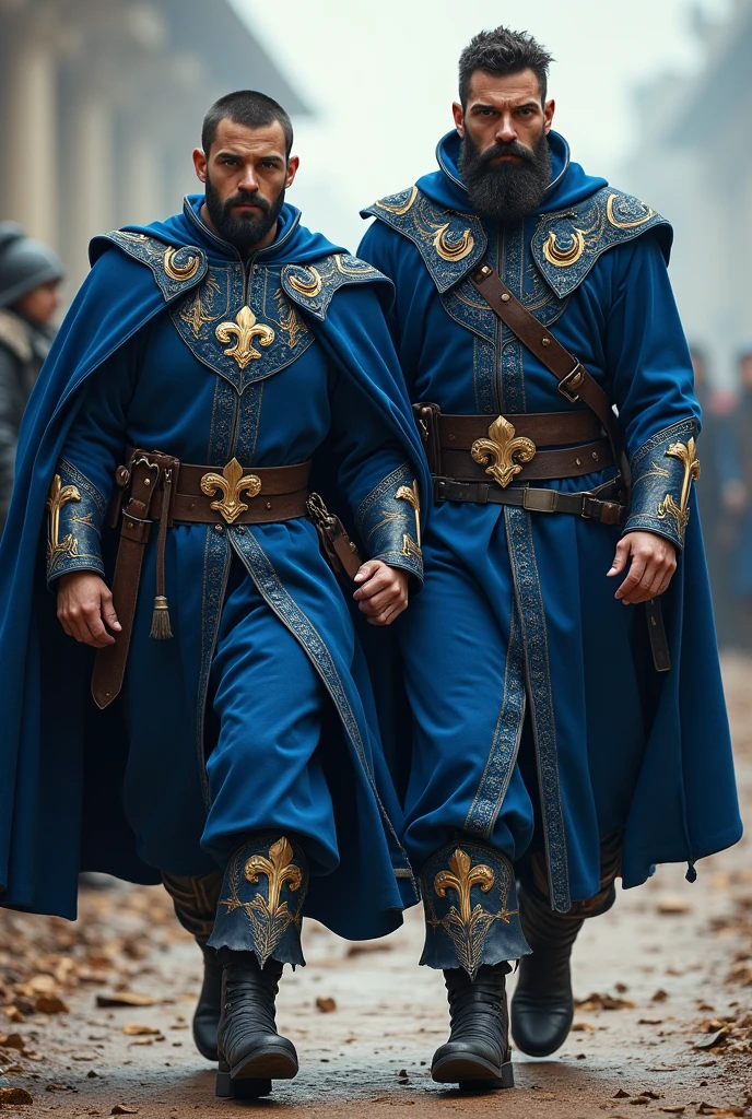Two warriors walking dressed in blue with fleur-de-lis decorations, one has to have black hair and the other brown. , short hair  , barba