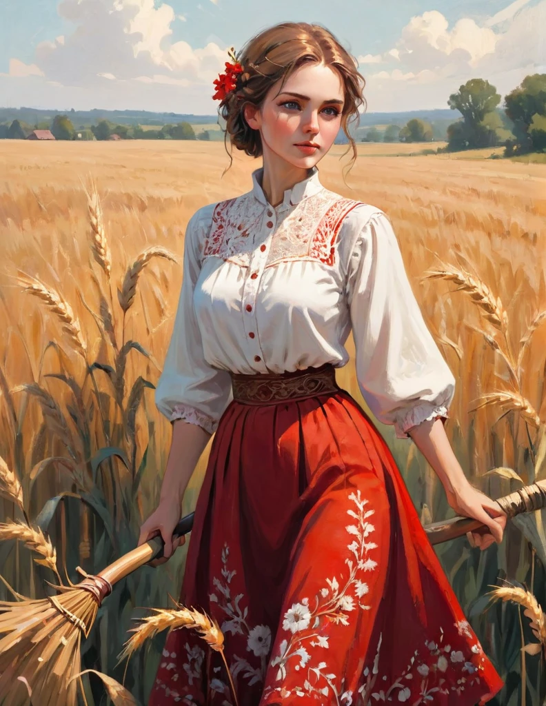 A painting of a woman holding a scythe in a field, by Slawomir Maniak, bohemian style, drawn in the style of mark arian, render of a delicate white muslin blouse with ornate lace embroidery, ::a vibrant red embroidered folkloric skirt blooms with intricate floral patterns, plains, wheat, by Michael Malm, pastoral themed, embroidered muslin clothes, artist - phil moss, award winning painting
