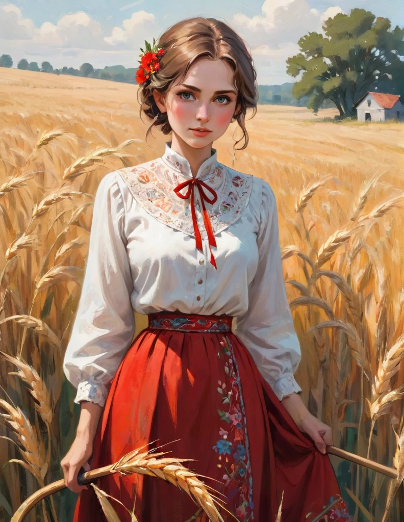 A painting of a woman holding a scythe in a field, by Slawomir Maniak, bohemian style, drawn in the style of mark arian, render of a delicate white muslin blouse with ornate lace embroidery, ::a vibrant red embroidered folkloric skirt blooms with intricate floral patterns, plains, wheat, by Michael Malm, pastoral themed, embroidered muslin clothes, artist - phil moss, award winning painting
