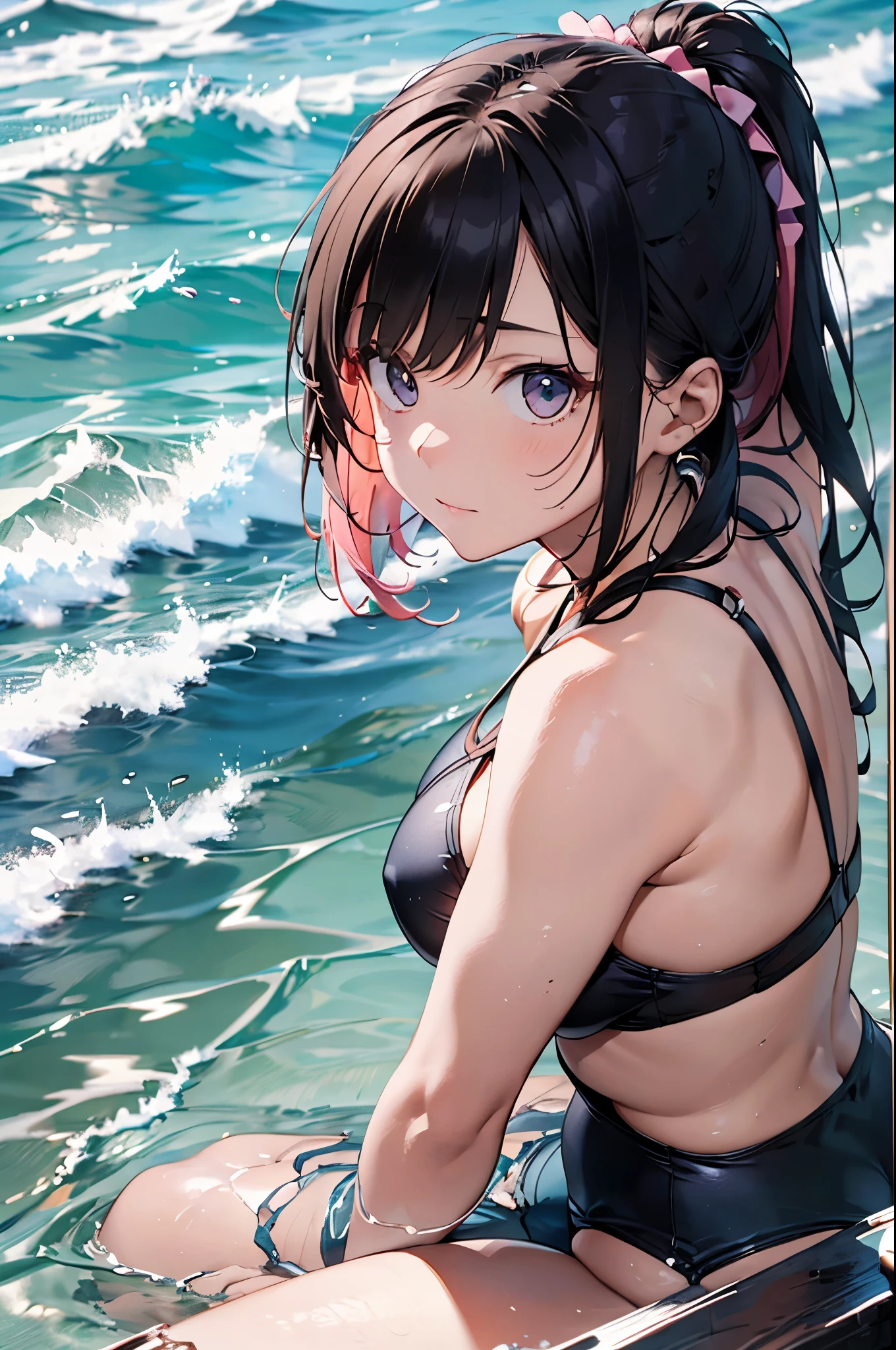 4K,8k,High resolution,Pink Swimsuit、
Quite a young woman,Pink Hair、ponytail、Pink Swimsuit、
(Soft Saturation:1.3), (Fair skin:1.2),
(ultra-Detailed Background, Detailed Background), Bokeh,
break'Smiling portrait.,
When viewed from the front, The composition is symmetrical,
Looking straight at you with serious eyes,
break Swimwear, Pink Bikini, Center of chest,
Outdoor, Sea surface, null, sunlight,Summer beach, Sandy Beach,
Strong light, Front lighting,
(:1.3), (Cowboy Shot:1.2),
Front brake angle,
View your viewers,
Dynamic pose,
sitting on the beach
Wakame seaweed、Wakame seaweed、
Seaweed、Seaweed、Seaweed、Seaweed、Seaweed、Seaweed、Seaweed、