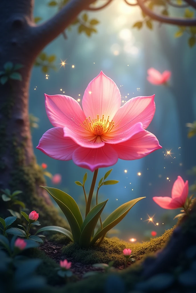 Magical flower of bright youth with pink colors in the depth of a magical fairy forest