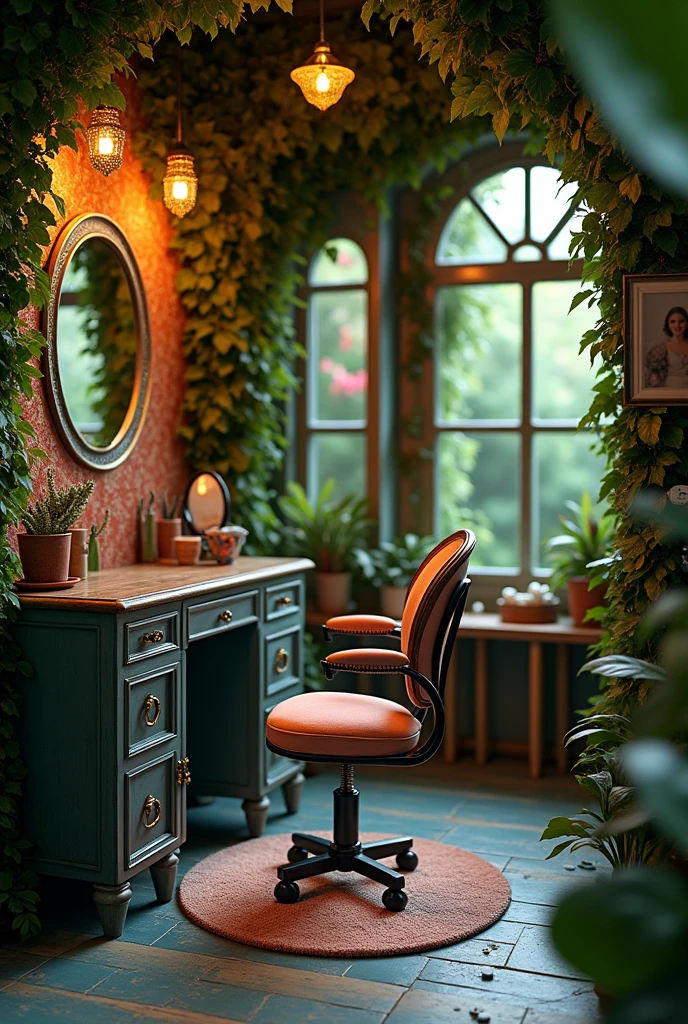 Create me an Alice in Wonderland themed eyelash studio, The stretcher is a black Dibam type, a small mirror, leaves around the wall...that can be made in a vintage style on a low budget 