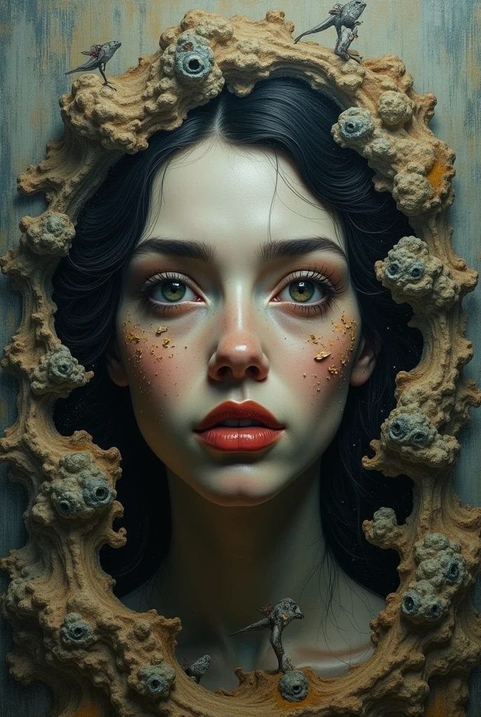 I am she who is locked in a surrealist painting where only my face is seen in 3D with feelings of sadness from many accumulated lives. A lot of depth of field highlights my face marked by other lives but the lighting varies, there is no specific one. . The message I want to convey is that there are other realities, very real. , 48K