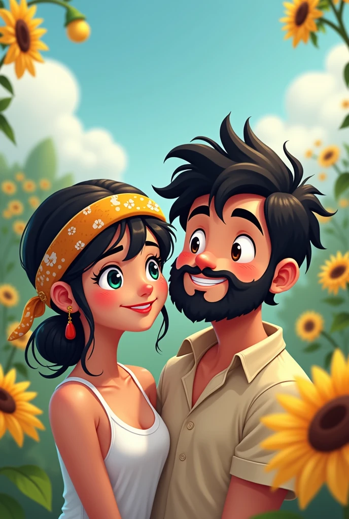 Believe me couple girl light brown skin bangs white boy hair chubby black beard short hair f pinned back with little beard bandana on head Disney pixal sunflowers background