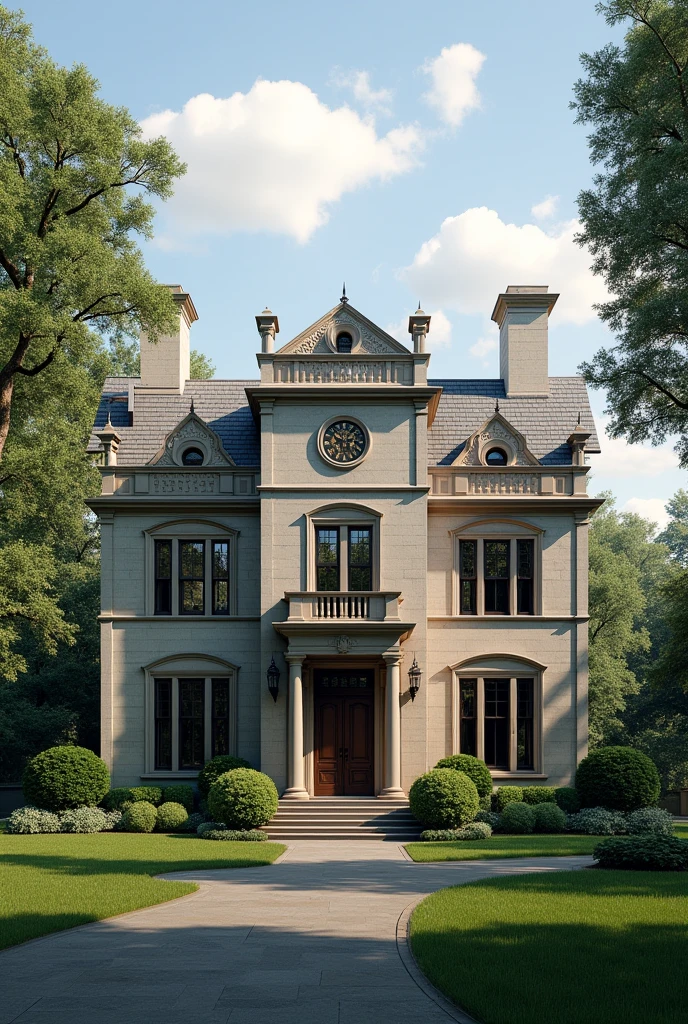 (photorealism:1.2), Wayne Manor style intricate house but affordable to Todays market. Include a family crest. Not pointy with rectangular symmetrical towers. Smooth stone color.