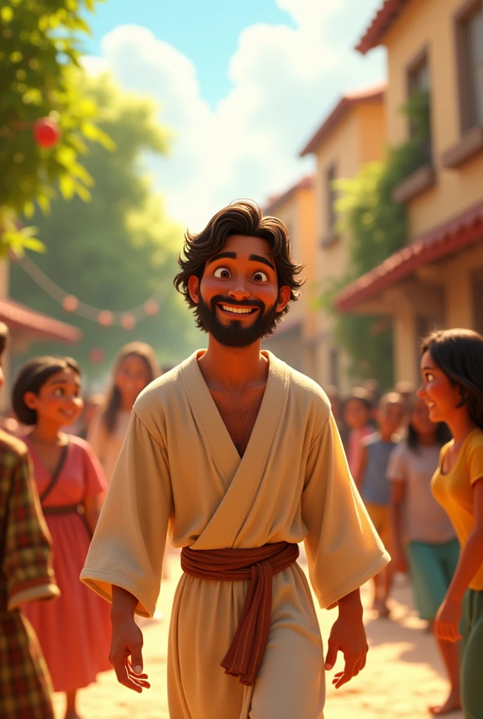 A 3D movie poster in Disney-Pixar style of Jesus as a ager playing with his friends.