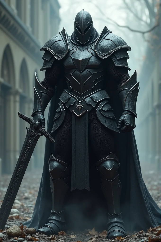 A tall, muscular knight, covered head to toe in dark armor, a black, ominous aura around him. Standing with a gigantic two-handed sword across both his shoulders. Everything about him radiated an aura of power and authority. Just one look at him and one could tell that he was not someone to mess with. The black armor showed a hint of the scars of various battles and the greatsword had a dark and sinister presence.