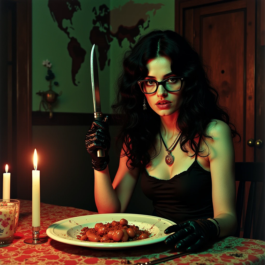 Sicilian gypsy mother giallo slasher, black gloves, knife, glasses, age daughter is in bondage, kitchen table, forcing bratwurst into daughter's mouth, ropes, tape, murder, wavy black Roma hair, candles, tinctures, herbs, charms, talismans, style of Euro Fumetti comic books, Dario Argento, Mario Bava, erotic illustration art style, Lomo effect, satantic, creepy, strange, bizarre, retro, subdued diffused red and green back lighting, Cinematic Volumetric Lighting, HD, 8x, intricate, retro, old times, 1940s, 1950s