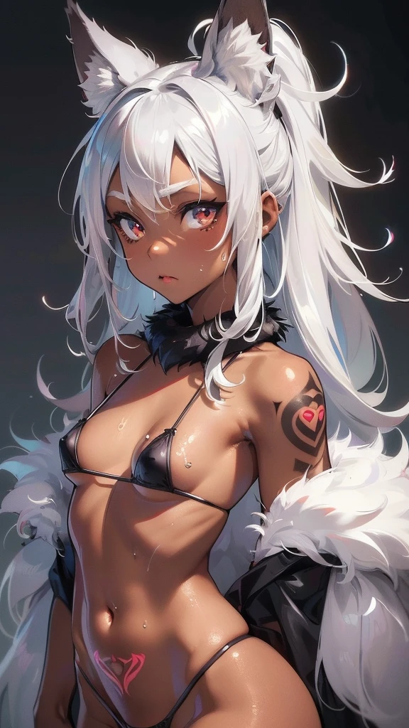 dark skin,Silver Hair,Fox Girl,(((small breasts))),(Perfectly detailed face),(Young),((tattoo)),((Furry)), （Black fur）, Super cute face, (((Micro Bikini))),(((nipple))),sweaty,High resolution, masterpiece, Highest quality, High resolution,School,