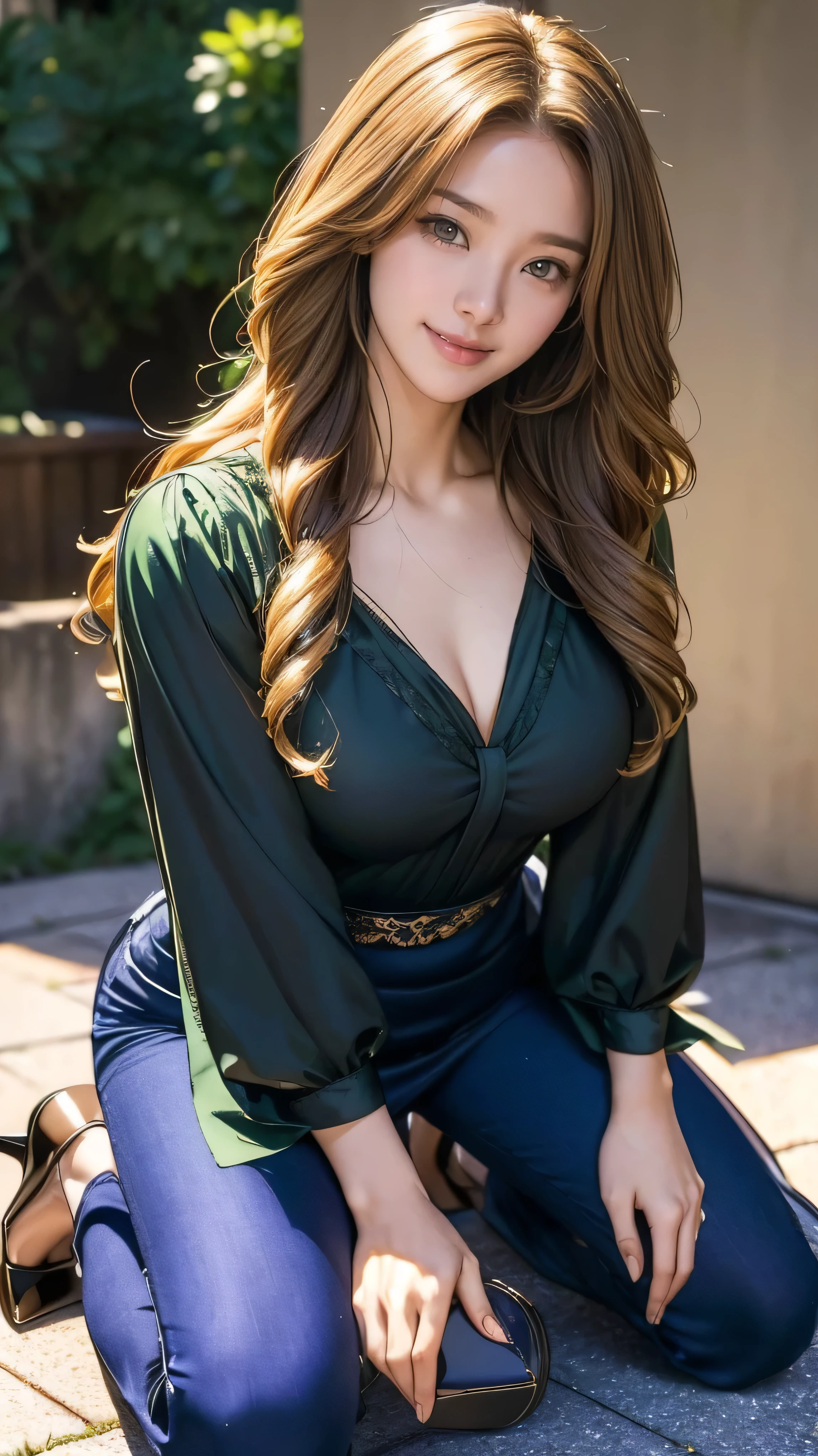 (Very detailed, Realistic, Highest quality, 4K, 8k, High resolution, masterpiece:1.3), An attractive flight attendant with a graceful and elegant figure. Erin Anderson is tall and slender, long, Long, wavy, golden blonde hair styled in loose curls. Long hair that reaches down to the buttocks.She has attractive, friendly, bright green eyes.(Long hair that reaches down to the buttocks:1.5)((とてもlong髪))((Smile、Embarrassed smile)) ((Lush bust、black and beautiful blouse,:1.3)), ((kneeling down:1.3)), ((heels on the ground on:1.3)),