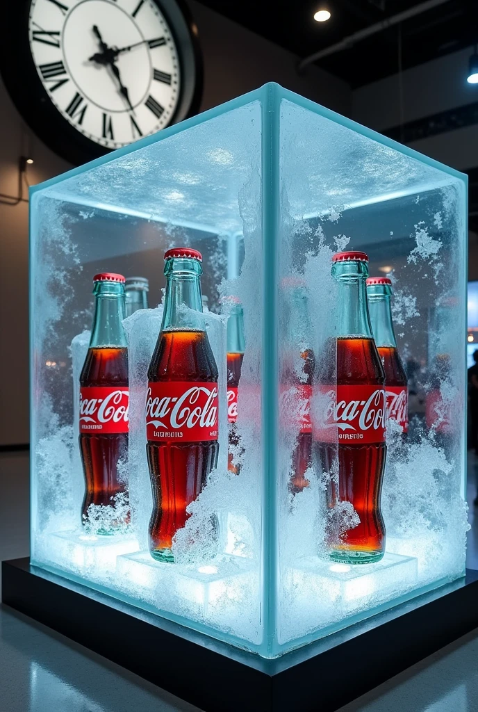 display case with several Coca Cola bottles on tables, with old and new packaging all inside frozen cubes, and in the background a giant clock