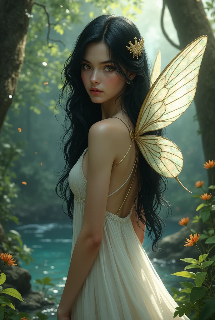 In a realm where magic and wonder abound, a radiant and ethereal magical fairy dances gracefully through enchanted meadows. With delicate, gossamer wings that shimmer with iridescent hues, she spreads enchantment with every flutter. Her luminous braided hair, wednesday adams, adorned with intricate floral patterns that adorn her radiant skin, exudes a captivating beauty that captivates all who behold her. As she weaves her way through ancient forests and sunlit glades, her playful antics and mischievous laughter bring joy and laughter to all creatures, transforming the ordinary into the extraordinary with her enchanting touch.. Best quality, masterpiece, ice laser, ultra high res, (photorealistic:1.4), raw photo, sharp focus, HDR, detailed skin.