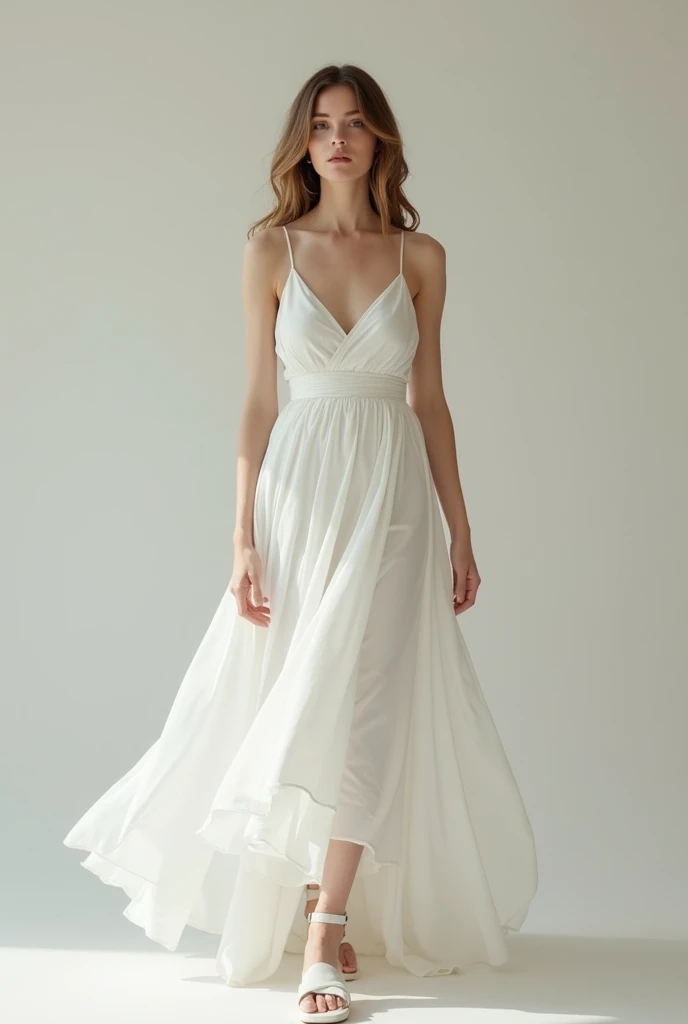 a american woman with an seraphic visage face, wearing white Soft Draped Gowns no wings, full body image, standing straight, white sandals, looking at the camera