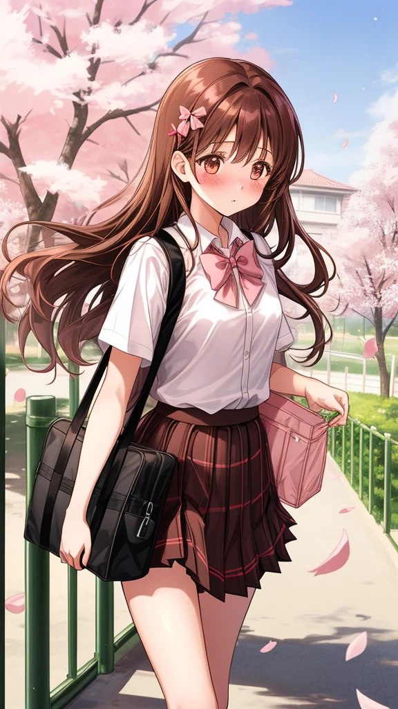 1girl, long brown hair, brown eyes, crescent hair ornament, skinny body, small breasts, blush, school uniform, white shirt, short sleeve, red bow, black plaid skirt, pleated skirt, holding school bag, walking, Sakura trees, pink petals, park fence, outdoors 