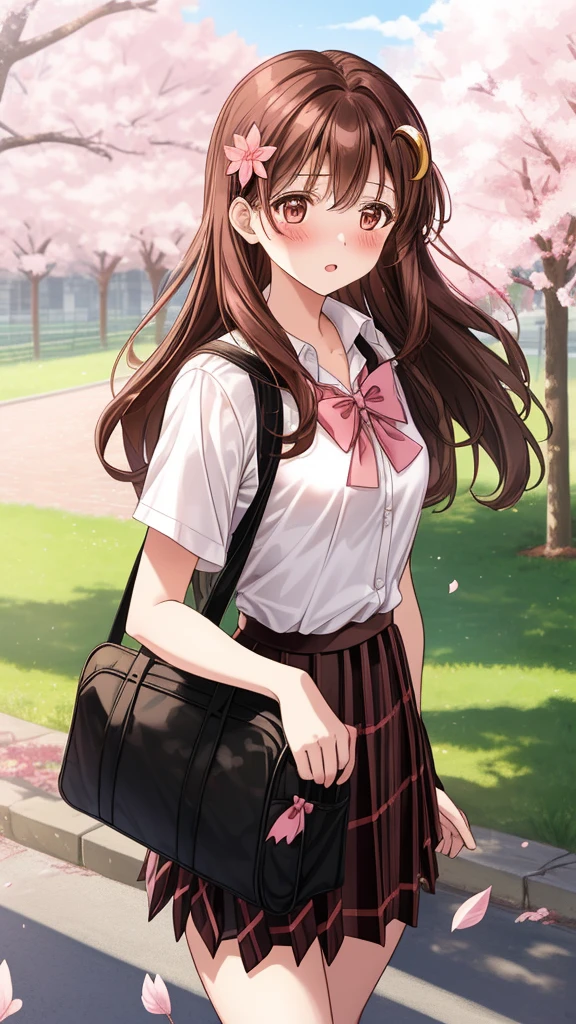 1girl, long brown hair, brown eyes, crescent hair ornament, skinny body, small breasts, blush, school uniform, white shirt, short sleeve, red bow, black plaid skirt, pleated skirt, holding school bag, walking, Sakura trees, pink petals, park fence, outdoors