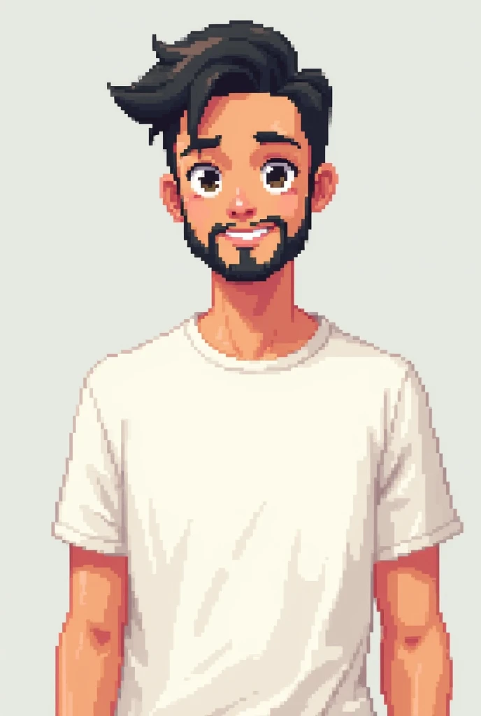 Pixel aRt of man, Beard and white t-shirt with sleeves protetcing his arms, #pixelaRt:3, lofi poRtRait, flat anime style, flat anime style shadin anime style chaRacteRacteR, visual novel spRite, in anime style, poRait pixel aRt dRawing, young anime man, pixelaRt, black hair, black hair, hair slicked back, front view, stading, looking forward, details eye, young man 3, ((more detail, high detailed, enhanced))