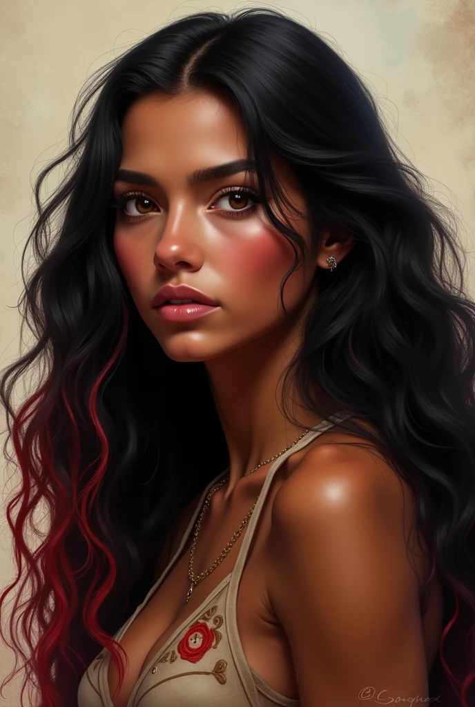 Draw my grilfriend her characters : tall, long hair curly and black red color, indigina nationality.